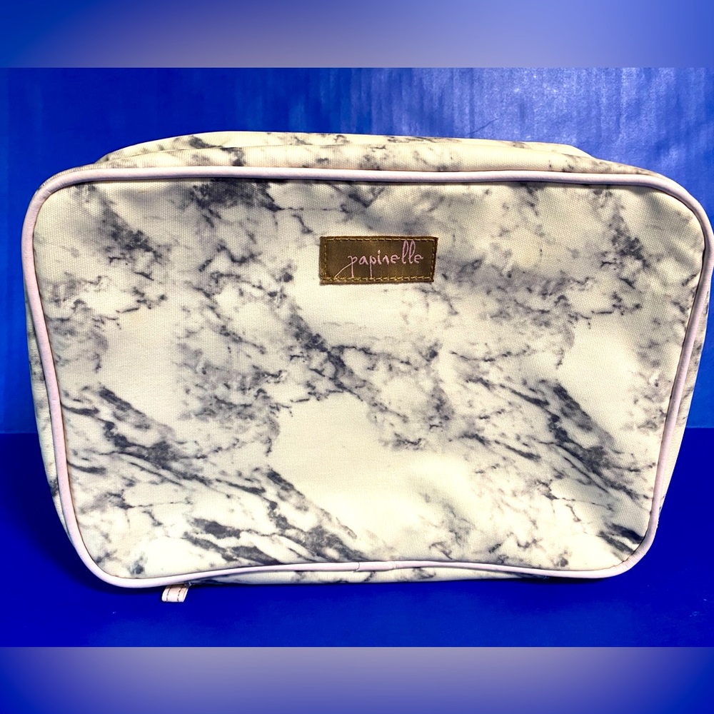 Papinelle Hanging Gray Marble Print Cosmetic Foldout Bag Top Hook For Hanging